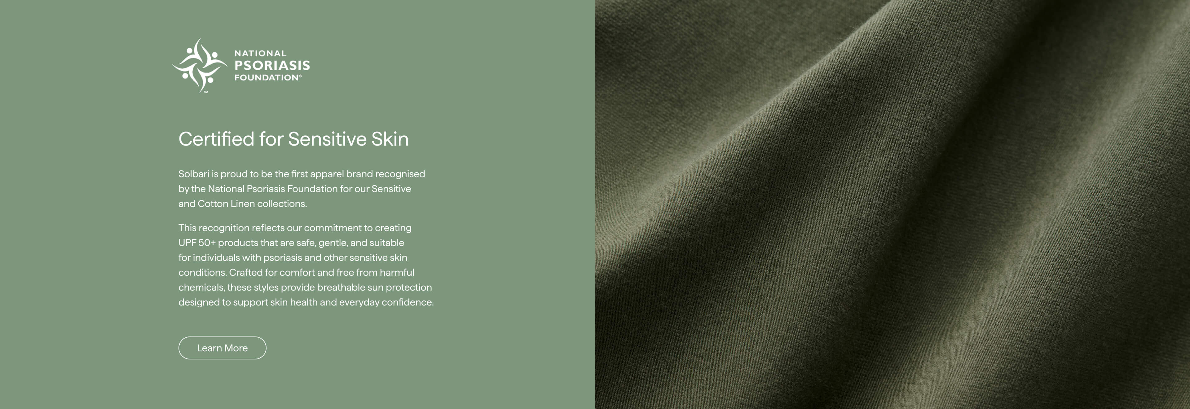 Text on a green background about certified sensitive skin products for people with psoriasis, with a close-up of green fabric on the right.
