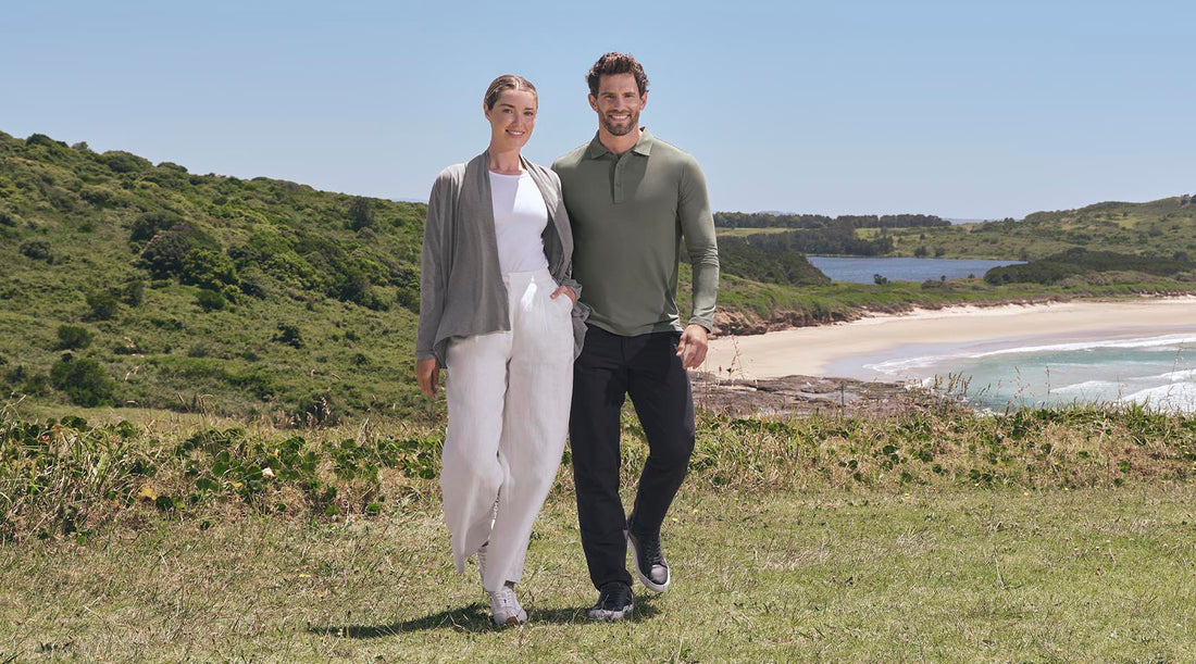 A woman and a man wear Solbari UPF 50+ clothing