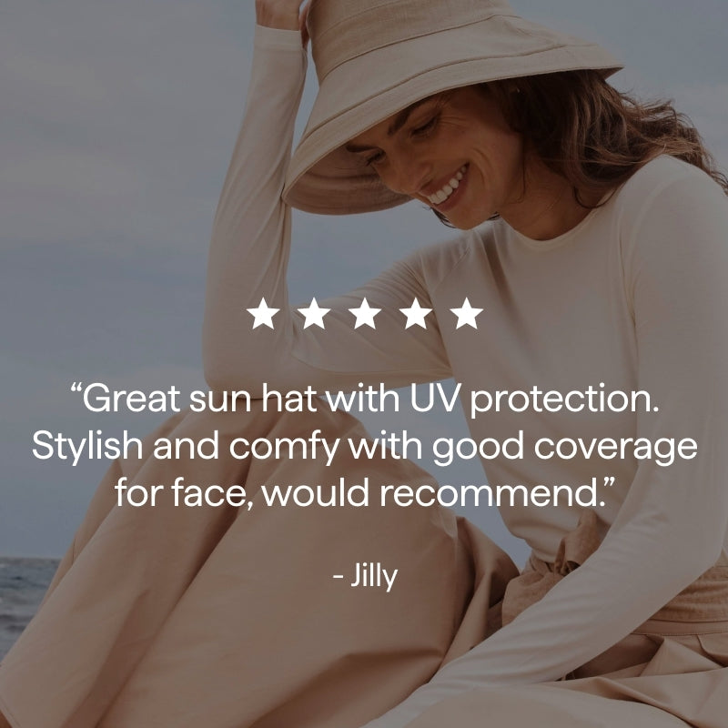 "Great sun hat with UV protection.
Stylish and comfy with good coverage for face, would recommend."
- Jilly
