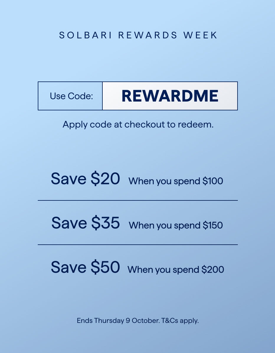 Promotional Solbari flyer about Rewards week. Save up to $50.