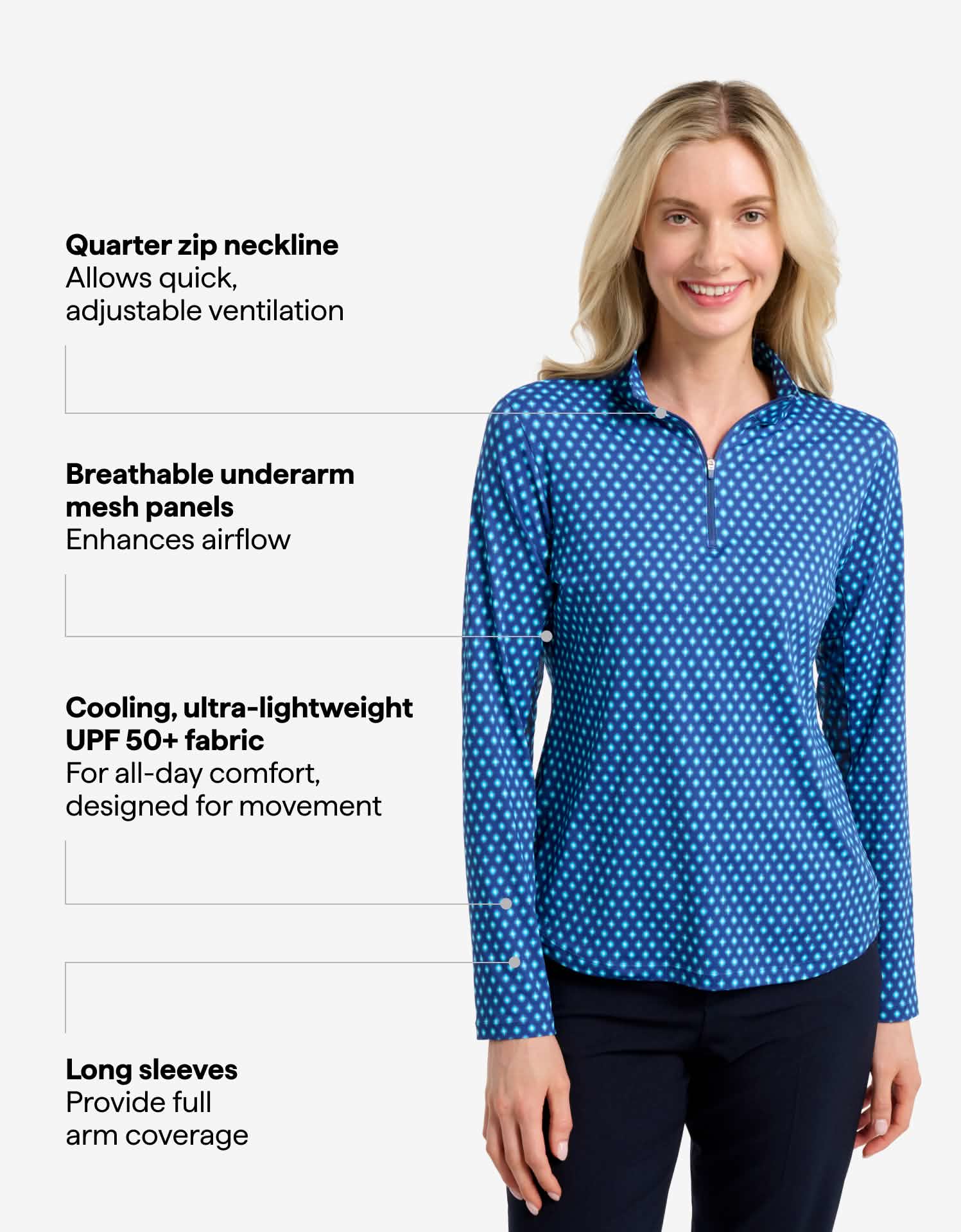 Women's UPF 50+ Printed Long Sleeve Quarter Zip Top | UV