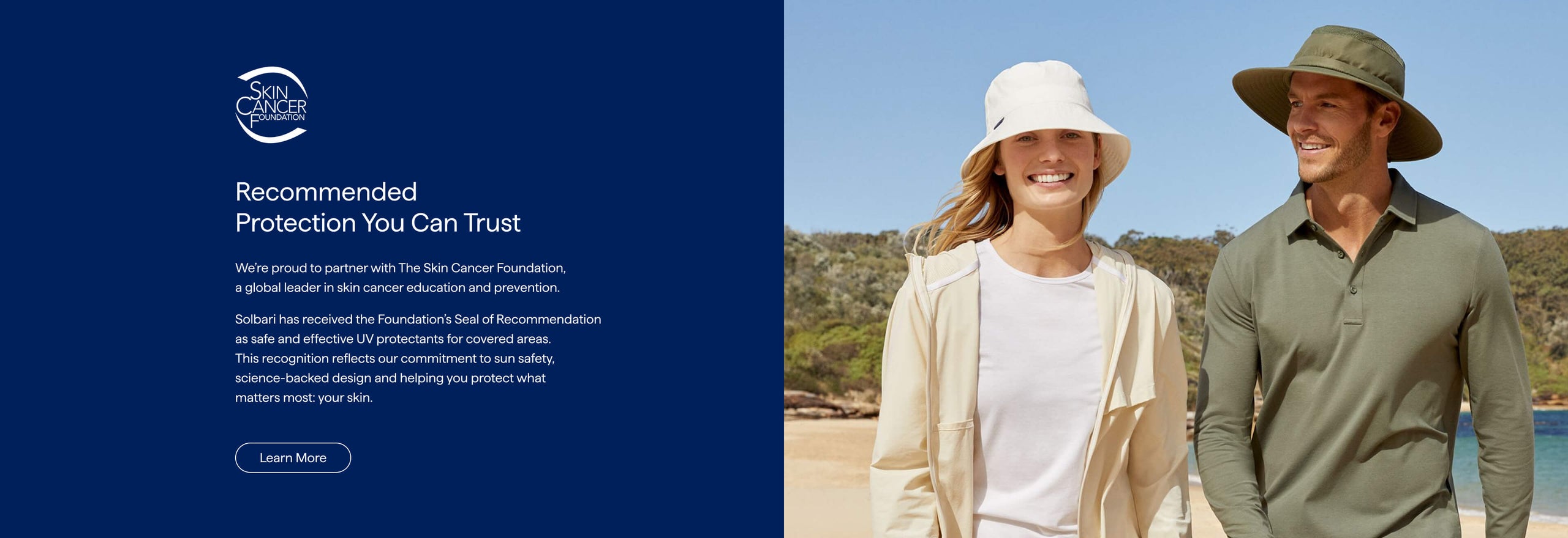 Two people wearing sun hats with a scenic background, promoting a brand's sun protection products.