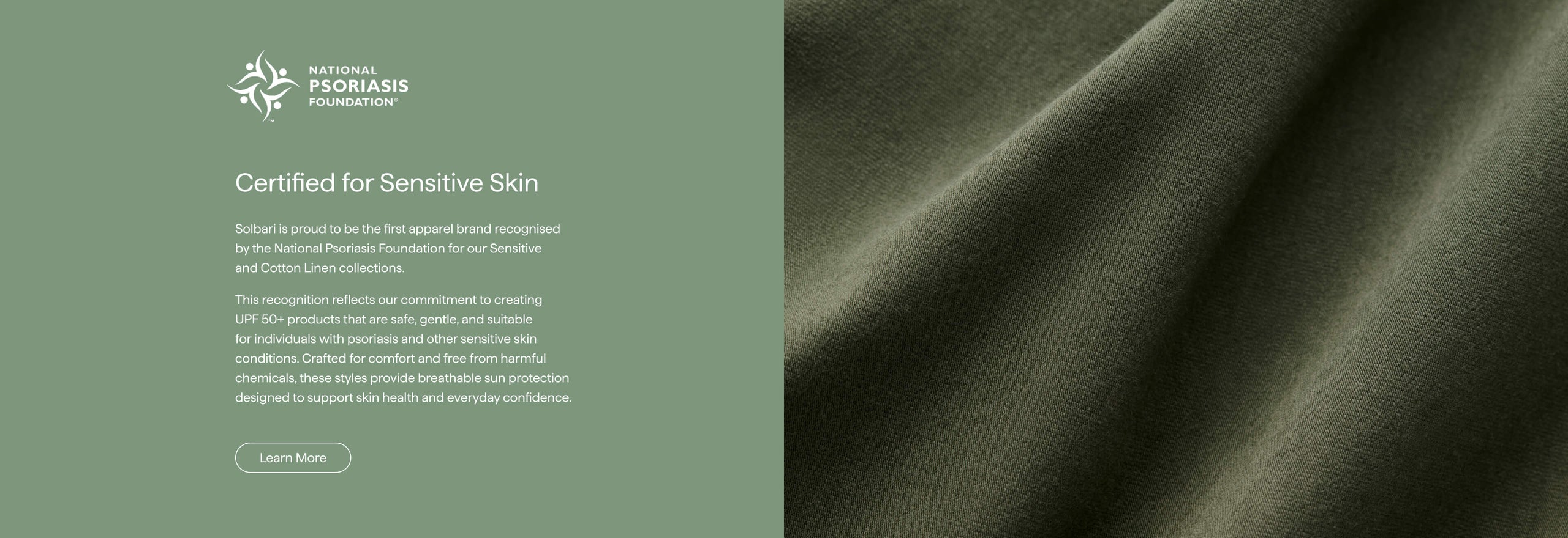 Text on a green background about certified sensitive skin products for people with psoriasis, with a close-up of green fabric on the right.