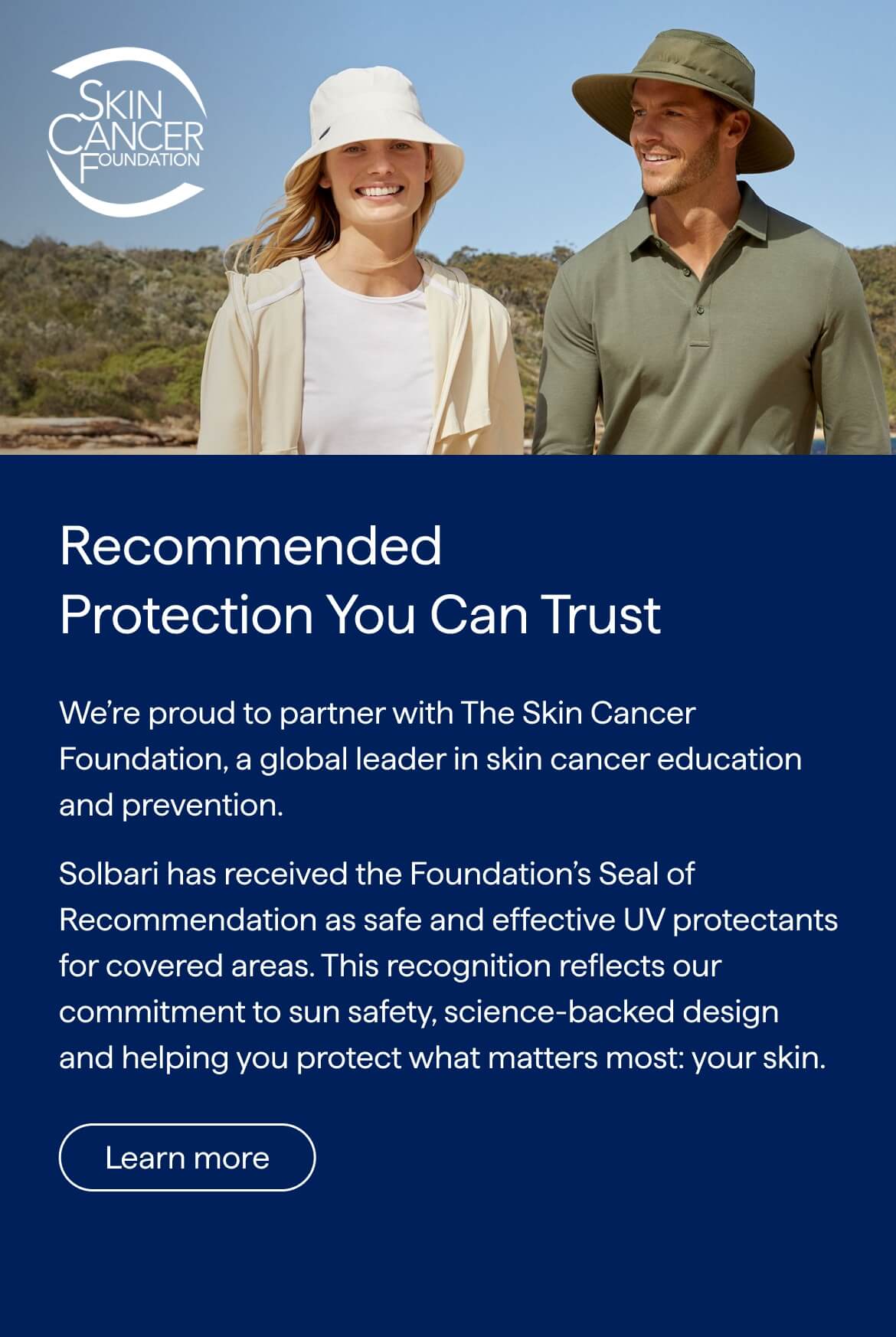 A man and a woman outdoors with text about The Skin Cancer Foundation and Solbari.
