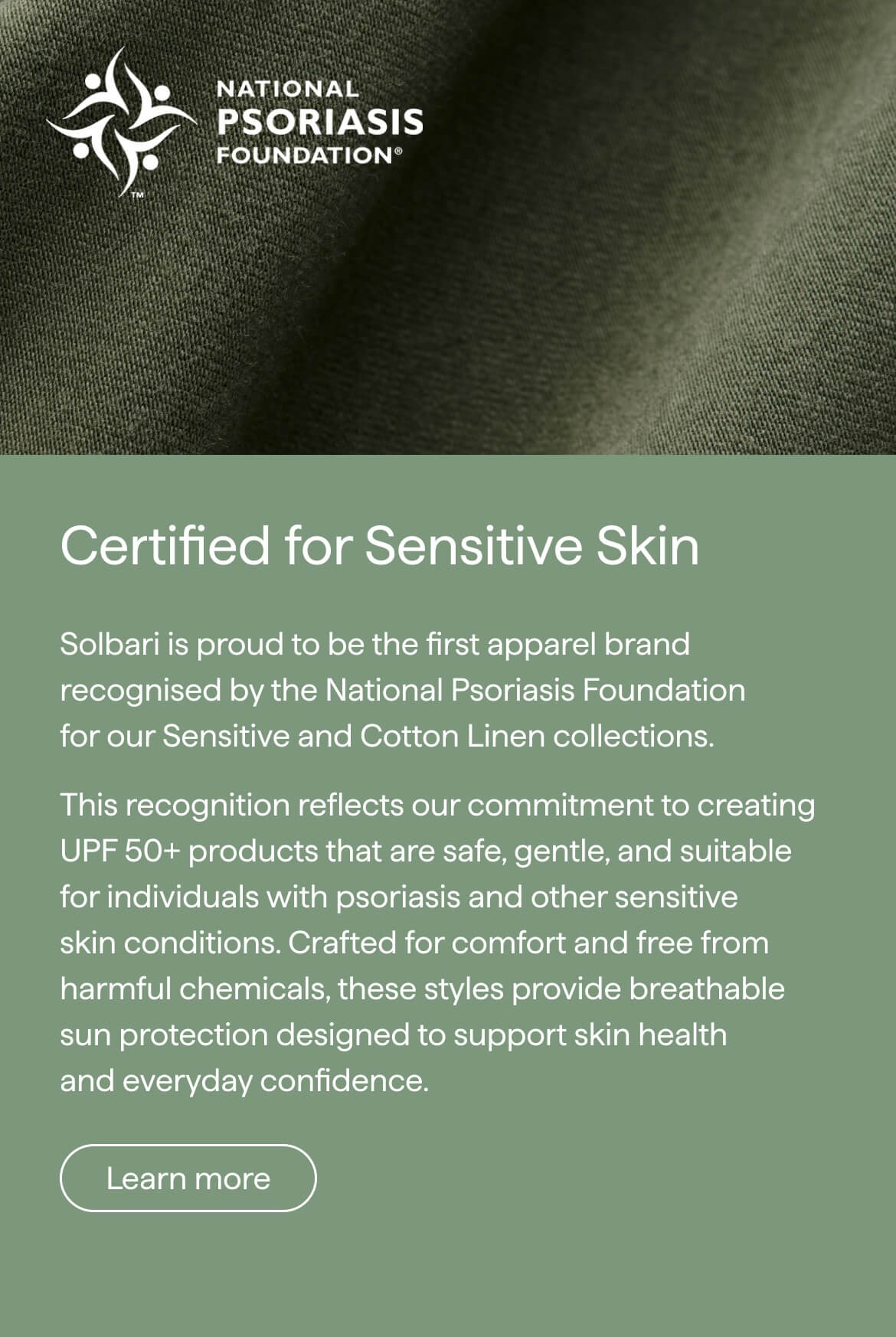 Banner for Solbari's Sensitive and Cotton Linen collections certified by the National Psoriasis Foundation.