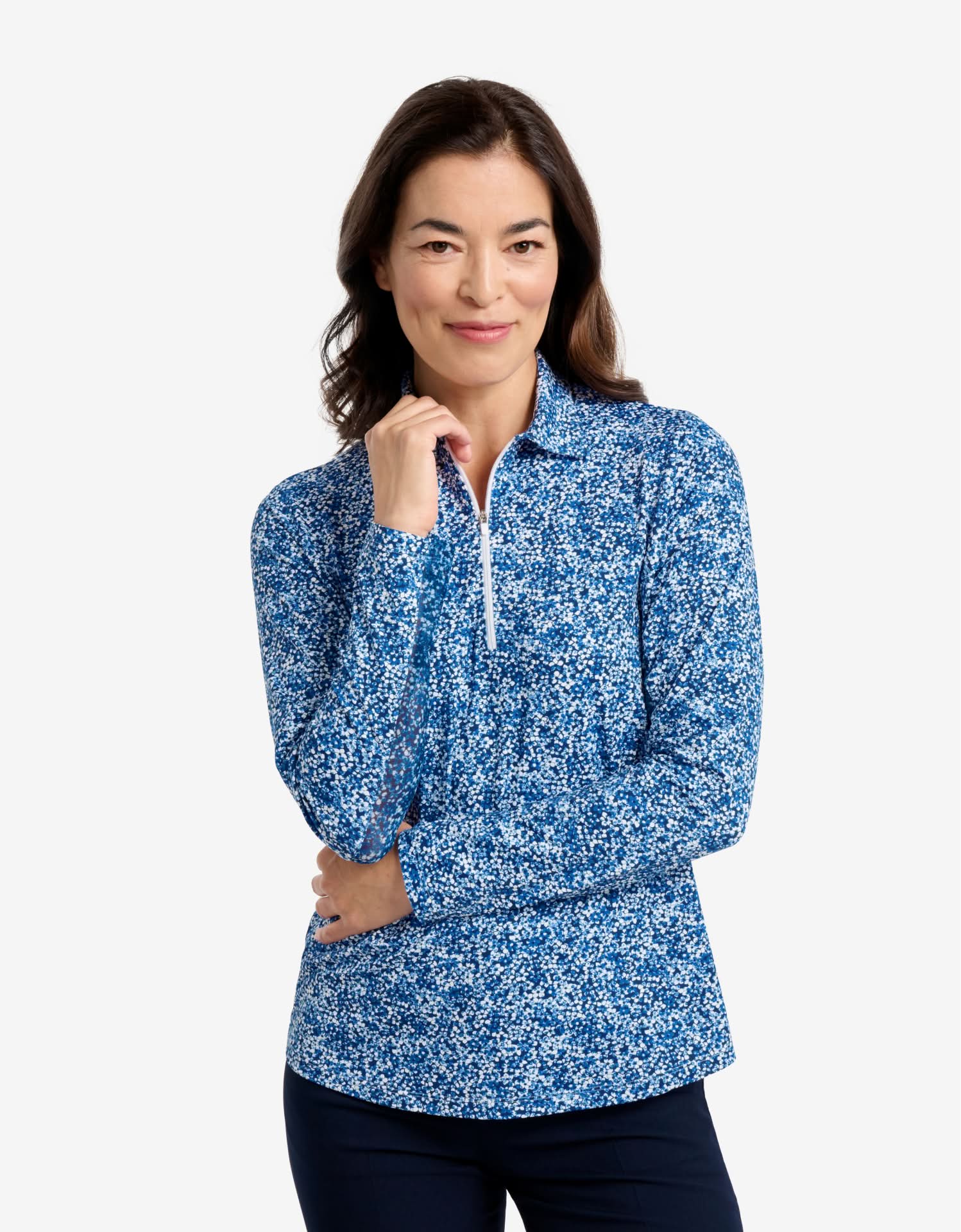Womens UPF 50+ Printed Long Sleeve Zip Polo | UV Protective Shirt Summer Floral Womens UPF 50+ Printed Long Sleeve Zip Polo | UV Protective Shirt Summer Floral