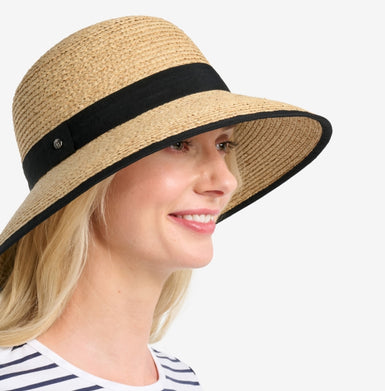A woman wearing a natural coloured raffia sun hat.