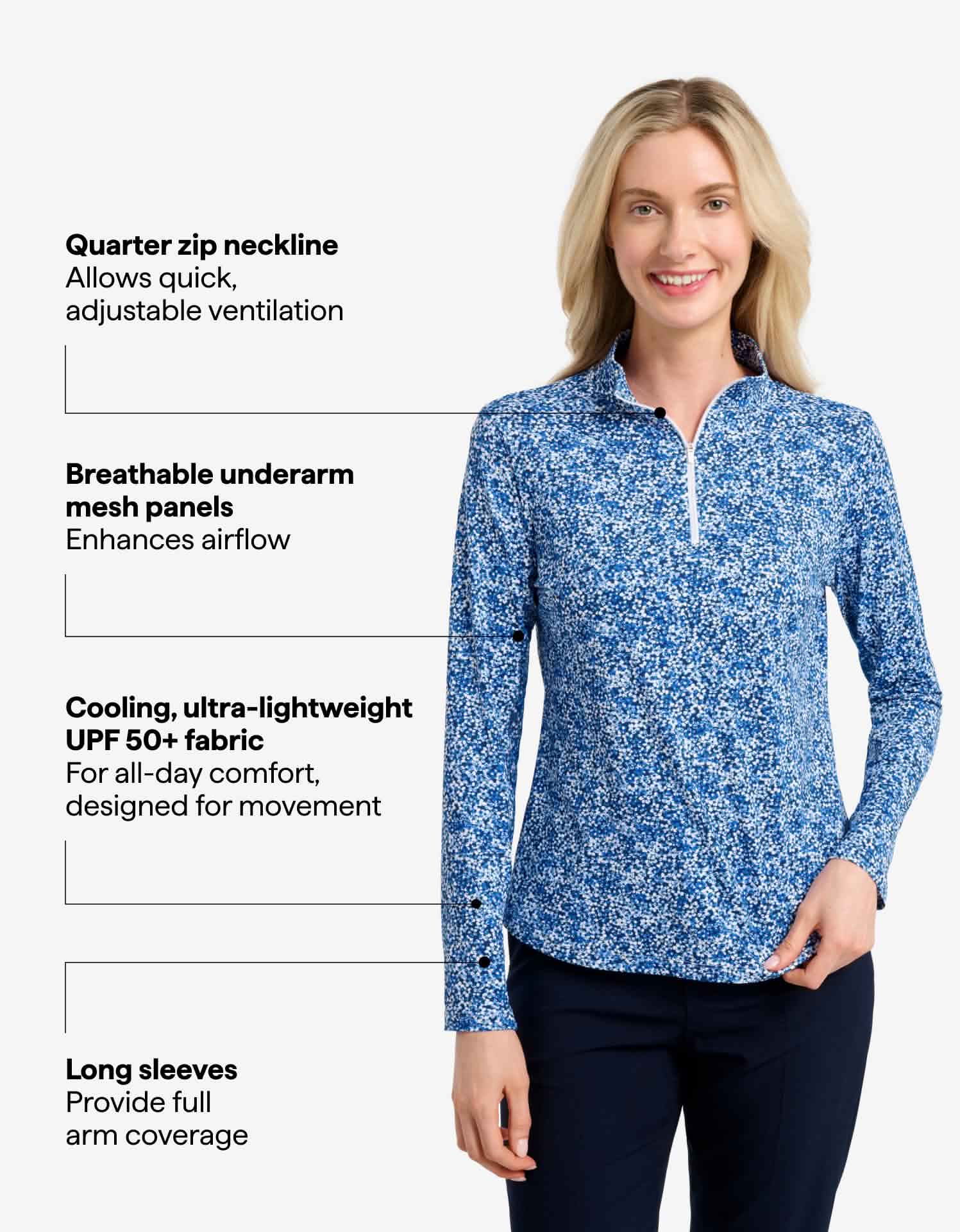 トップス Archive A.P.C. Border Design Zip Sleeves Women's UPF 50+ Summer Floral Quarter Zip Top | Cooling UV