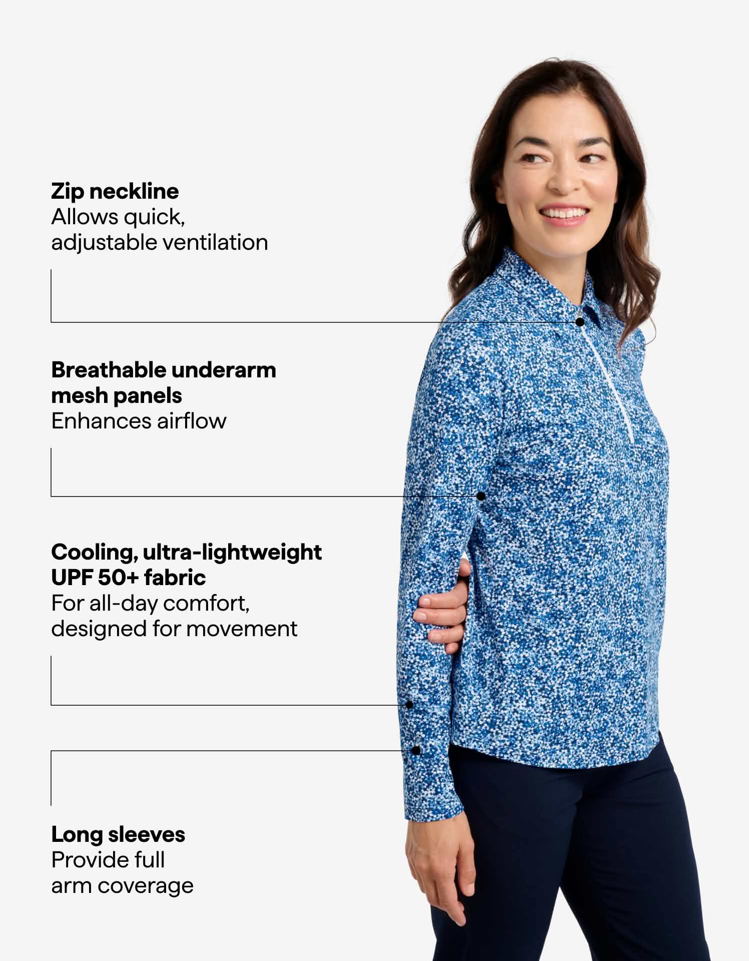 Women's UPF 50+ Printed Long Sleeve Zip Polo | UV Protective Shirt
