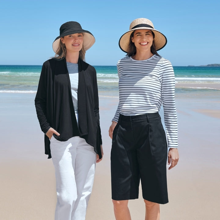 An image of two women on a beach wearing Solbari sun protective clothing and UPF 50+sun hats, with the sea behind them.