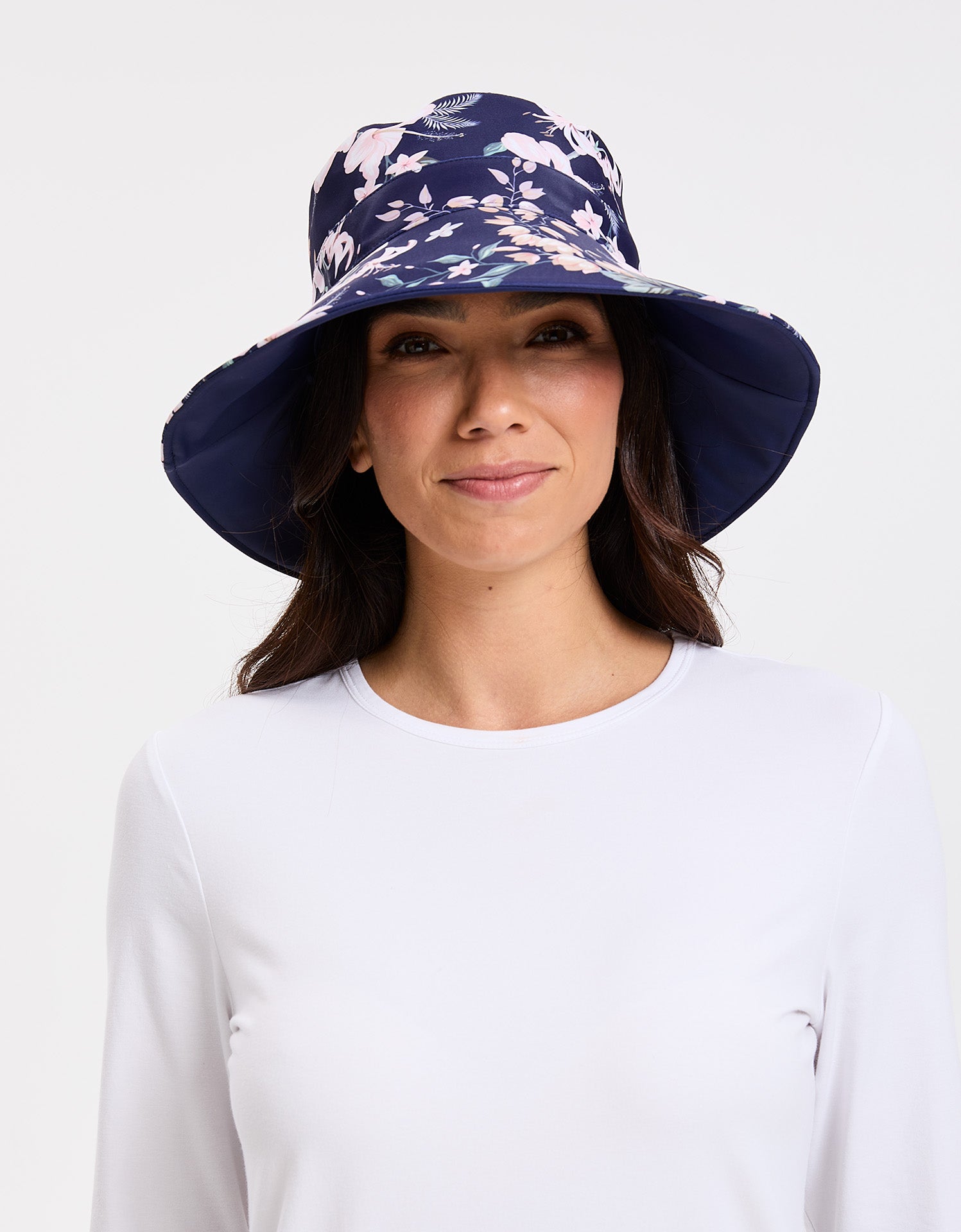 Wide Brim Printed Swim Sun Hat UPF50+ - One Size / Tropical Navy Floral