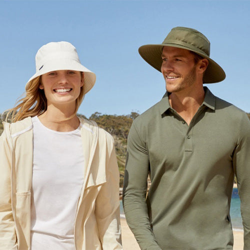 Men and women wearing Solbari Sun Hats and sun protection tops.